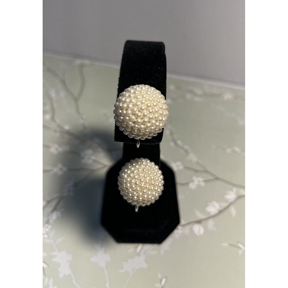 Faux Tiny Seed Pearls Cluster Button Dome Shaped Clip On Earrings White Formal